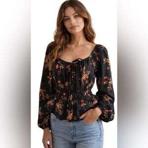 FREE PEOPLE MANDY FLORAL PRINTED RUCHED PEPLUM COTTON TIE FRONT BLOUSE SIZE: M